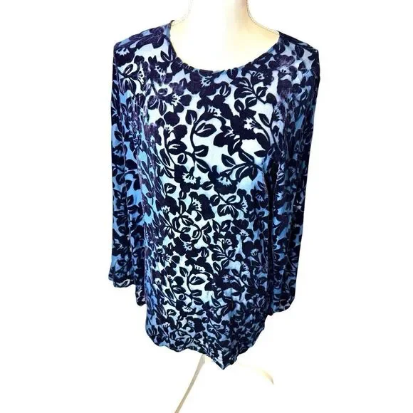 Vintage Laura Ashley Women’s Blue Silk Burnout Velvet Velvet Tunic Top Sz M/L - Picture 1 of 7